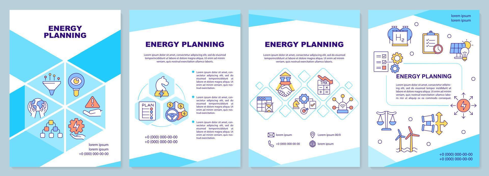 plantilla de folleto turquesa de planificación energética. uso de fuentes alternativas. diseño de folletos con iconos lineales. 4 diseños vectoriales para presentación, informes anuales. vector