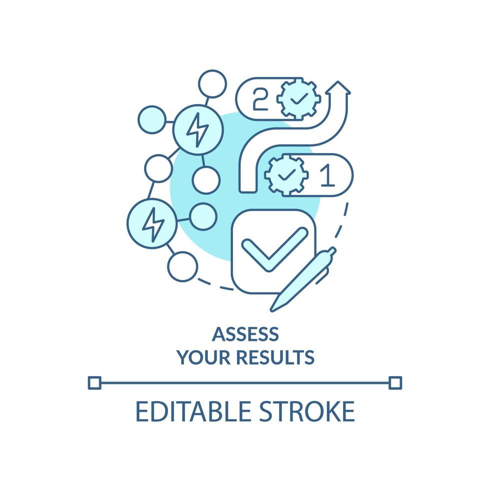 Assess results turquoise concept icon. Planning energy management abstract idea thin line illustration. Business processes. Isolated outline drawing. Editable stroke. vector