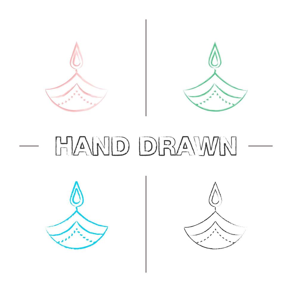 Diya hand drawn icons set. Islamic oil lamp. Diwali. Festival of lights. Burning bowl oil lamp. Color brush stroke. Isolated vector sketchy illustrations