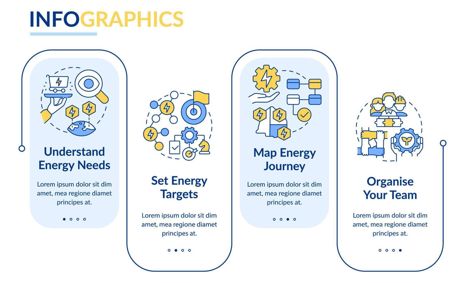 caminos a la plantilla infográfica del rectángulo de la estrategia energética. establecer objetivos. visualización de datos con 4 pasos. gráfico de información de la línea de tiempo del proceso. diseño de flujo de trabajo con iconos de línea. vector