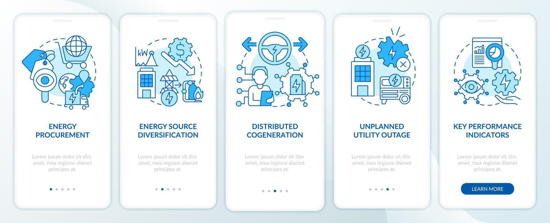 Implementing energy plan blue onboarding mobile app screen. Cogeneration walkthrough 5 steps graphic instructions pages with linear concepts. UI, UX, GUI template. vector