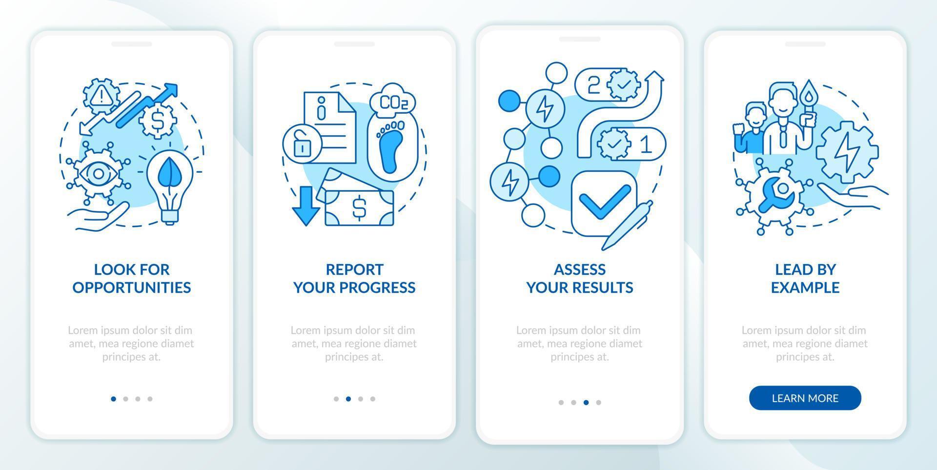Ways to energy management blue onboarding mobile app screen. Report walkthrough 4 steps graphic instructions pages with linear concepts. UI, UX, GUI template. vector