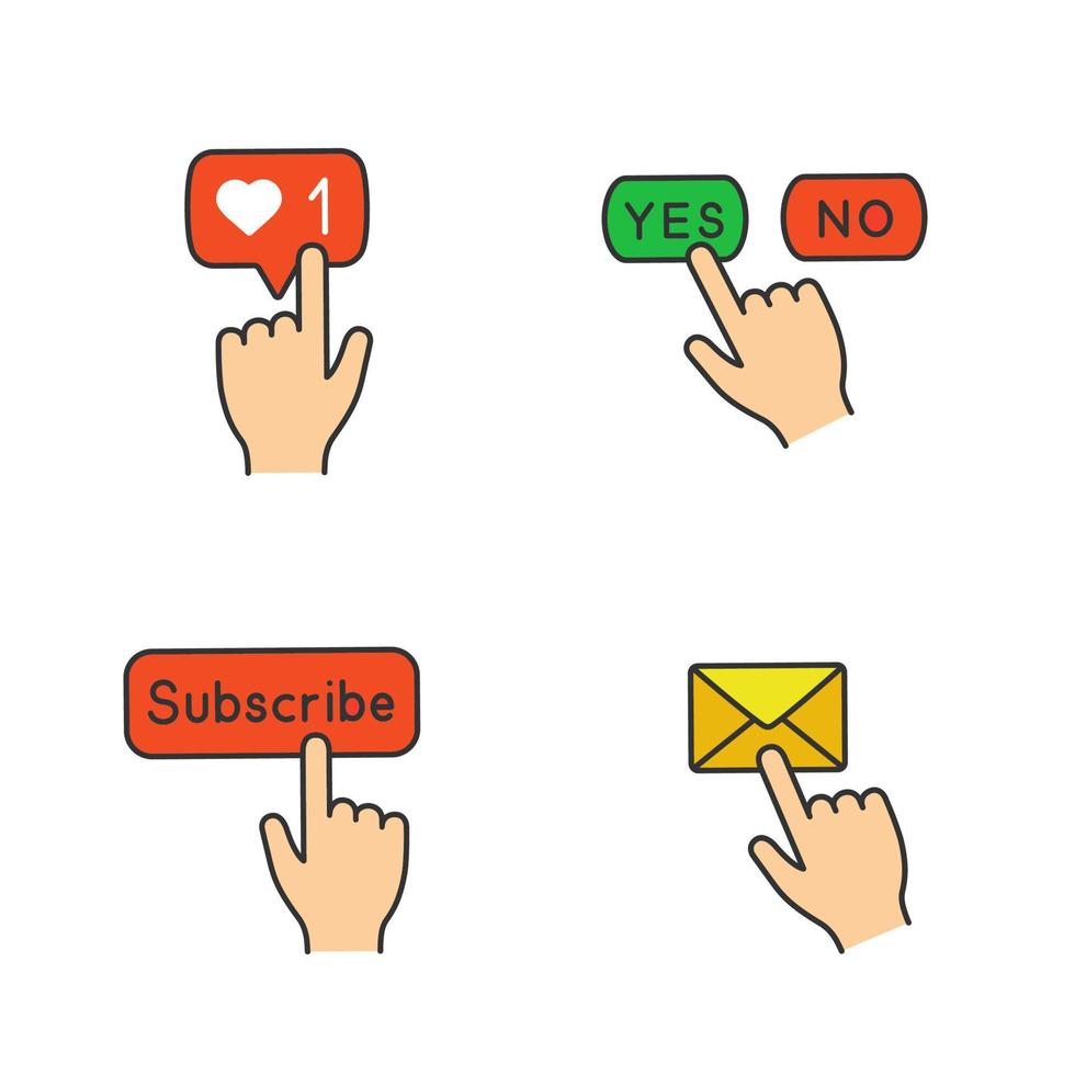 App buttons color icons set. Click. Likes counter, yes or no, subscribe, message notification. Isolated vector illustrations
