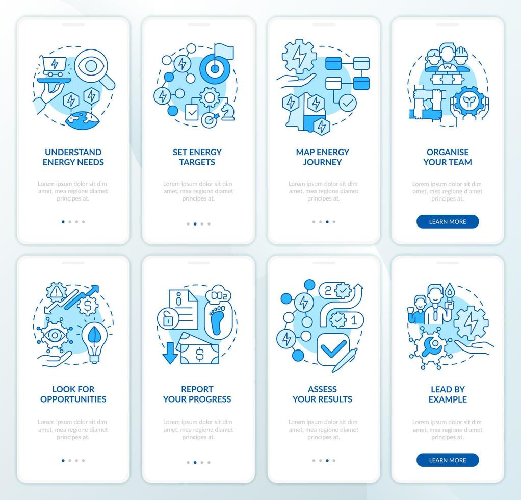 conjunto de pantalla de aplicación móvil de integración azul de estrategia de energía optimizada. tutorial 4 pasos páginas de instrucciones gráficas con conceptos lineales. interfaz de usuario, ux, plantilla de interfaz gráfica de usuario. vector