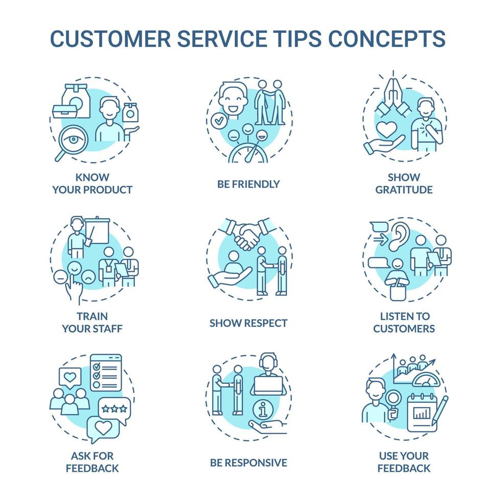 Customer service tips turquoise concept icons set. Marketing and commerce idea thin line color illustrations. Isolated outline drawings. Editable stroke vector