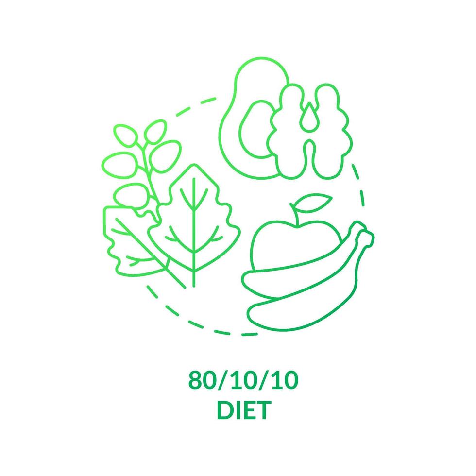 Icono de concepto de gradiente verde de dieta vegana cruda baja en grasa. 80, 10, 10 dieta. variedad de dieta vegana idea abstracta ilustración de línea delgada. dibujo de contorno aislado. vector