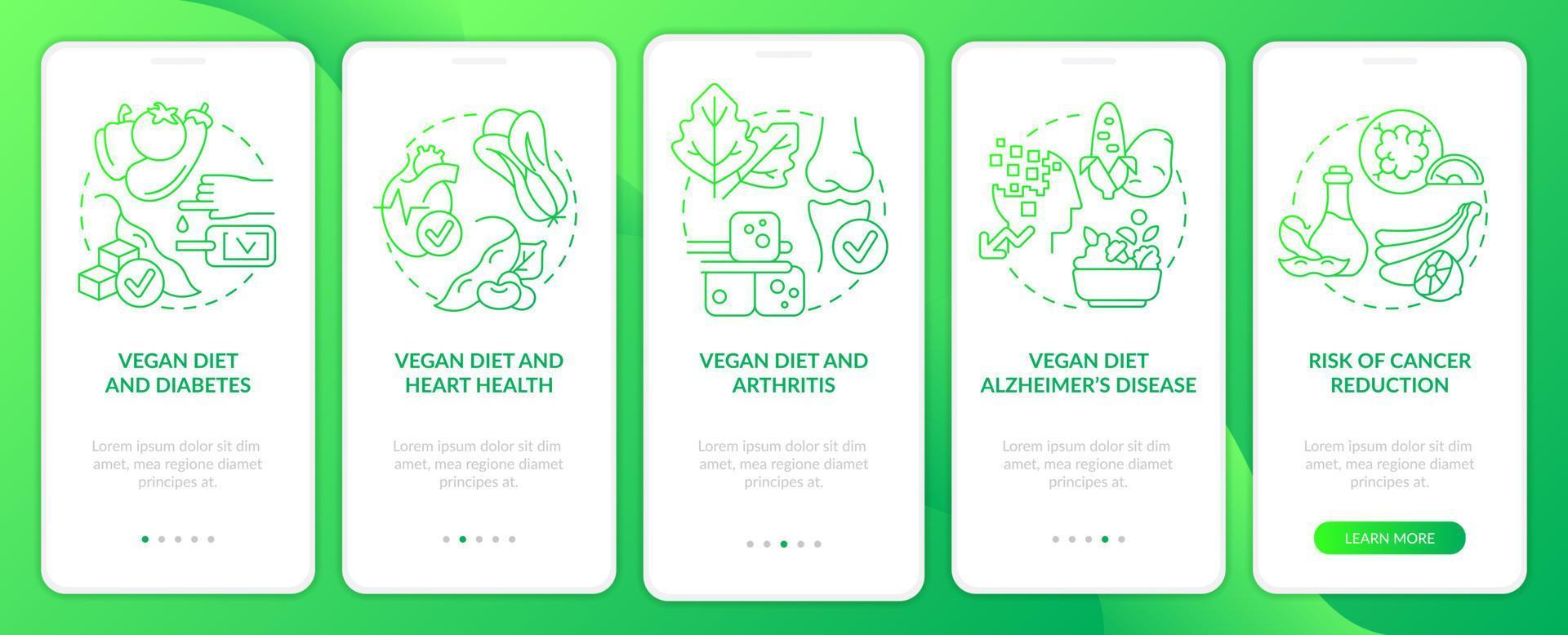 Vegan diet and illnesses green gradient onboarding mobile app screen. Walkthrough 5 steps graphic instructions pages with linear concepts. UI, UX, GUI template. vector