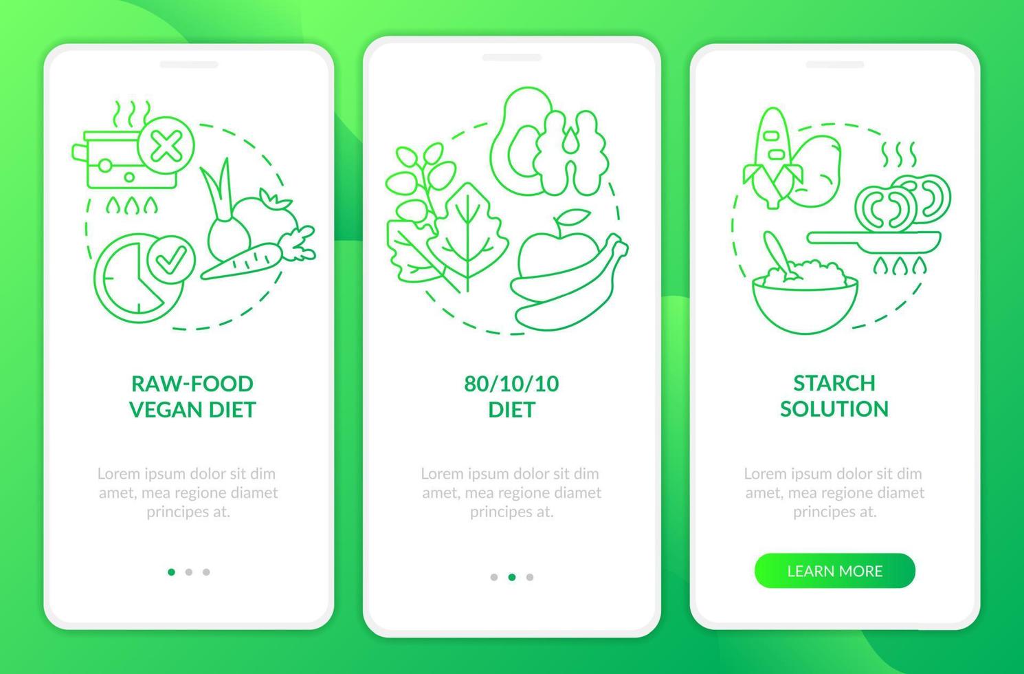 Variedades de pantalla de aplicación móvil de incorporación de degradado verde de dieta vegana. tutorial 3 pasos páginas de instrucciones gráficas con conceptos lineales. interfaz de usuario, ux, plantilla de interfaz gráfica de usuario. vector