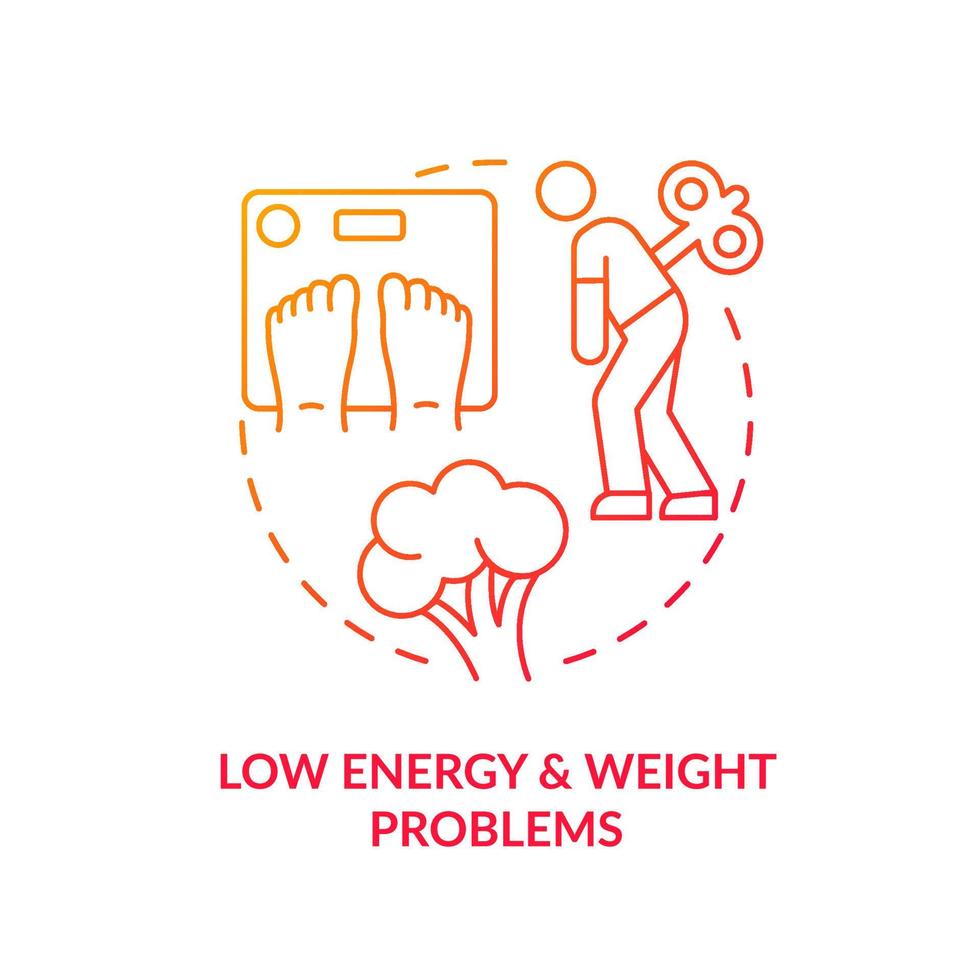 problemas de baja energía y peso icono de concepto de gradiente rojo. nutrición basada en plantas. efecto secundario idea abstracta ilustración de línea delgada. dibujo de contorno aislado. vector