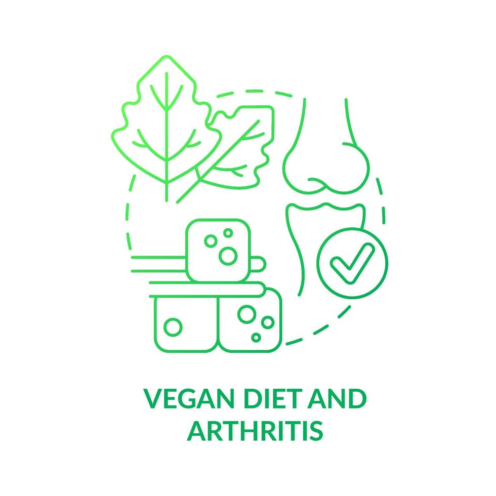 Vegan diet and arthritis green gradient concept icon. Reduce pain and swelling. Veganism and illness abstract idea thin line illustration. Isolated outline drawing. vector