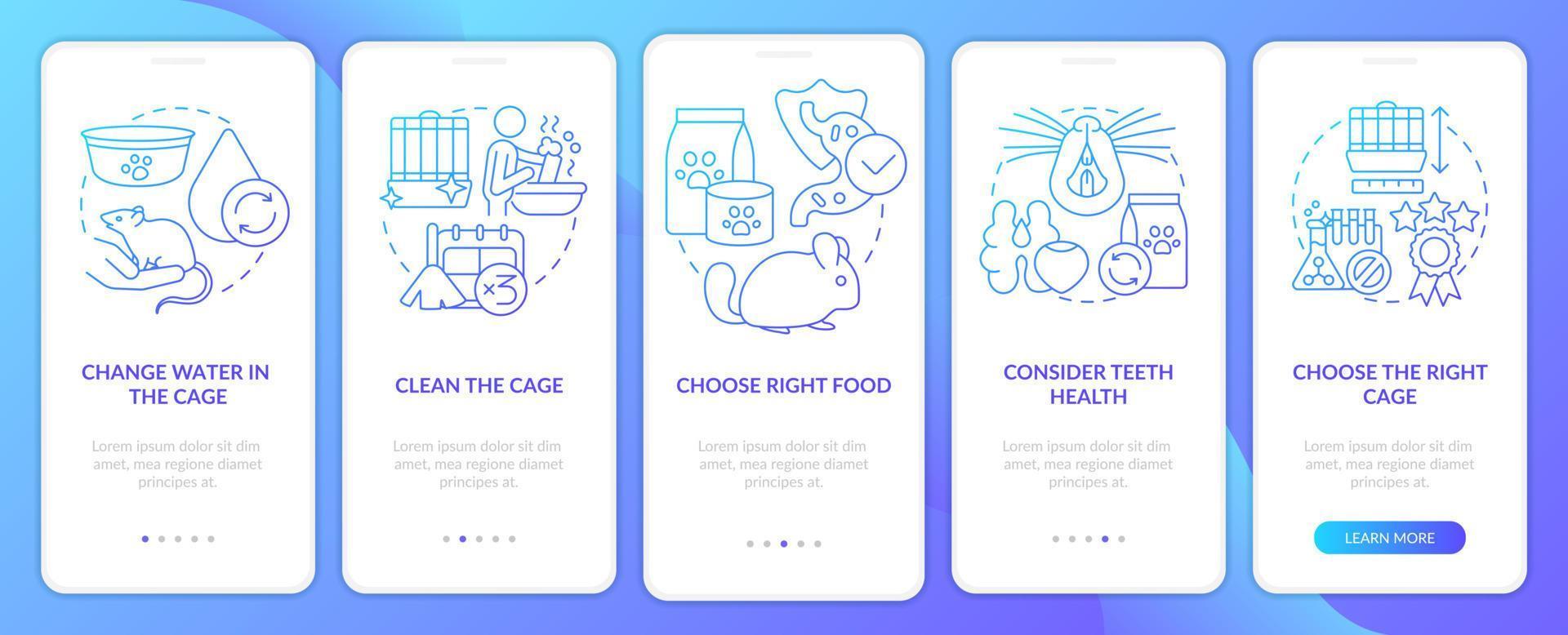 Keeping small animals healthy blue gradient onboarding mobile app screen. Walkthrough 5 steps graphic instructions pages with linear concepts. UI, UX, GUI template. vector