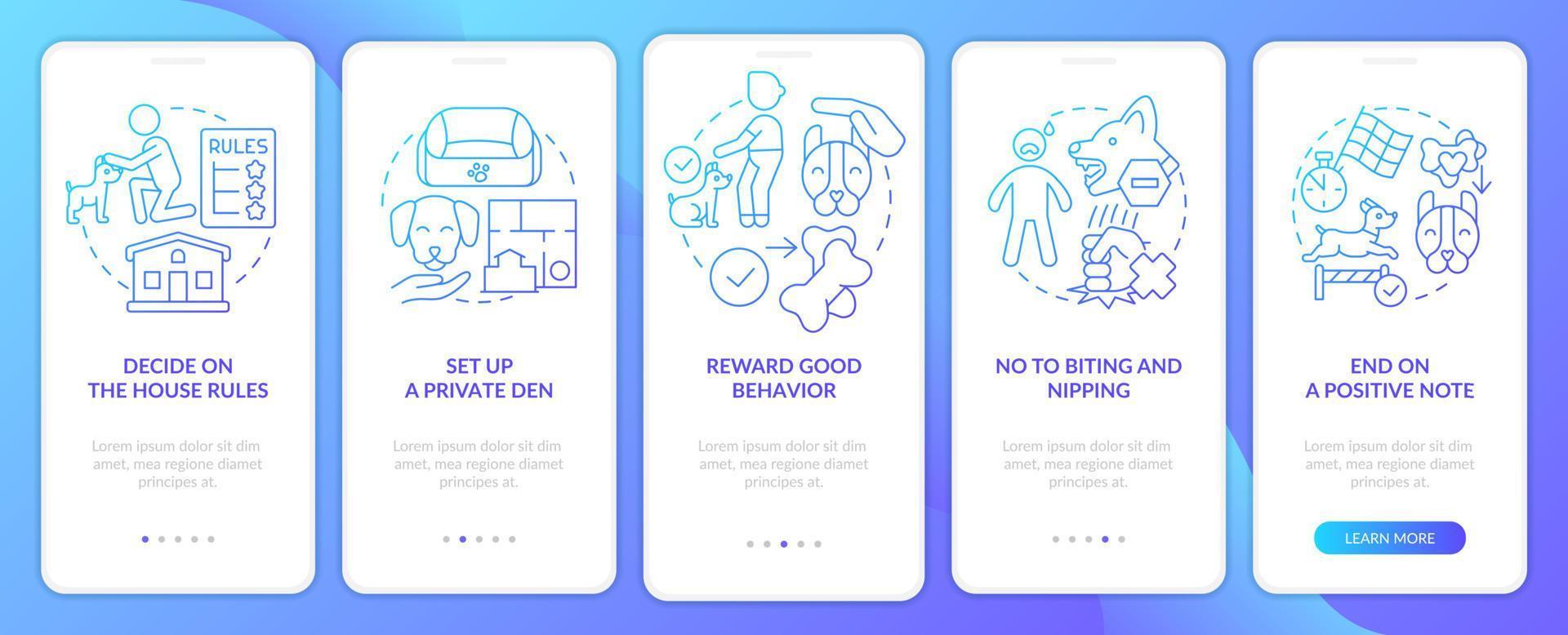 Dog training techniques blue gradient onboarding mobile app screen. Walkthrough 5 steps graphic instructions pages with linear concepts. UI, UX, GUI template. vector