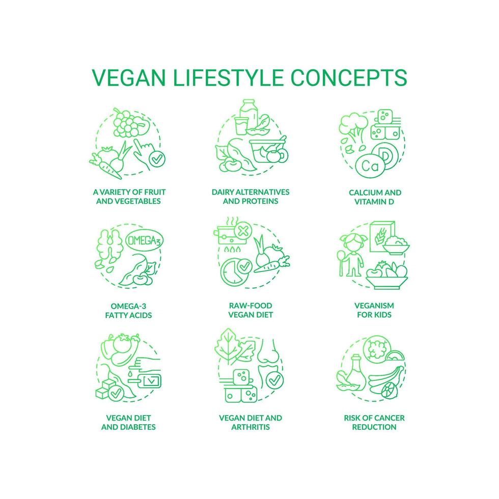 conjunto de iconos de concepto de gradiente verde de estilo de vida vegano. nutrición basada en plantas. abstenerse idea de producto animal ilustraciones en color de línea delgada. símbolos aislados. vector