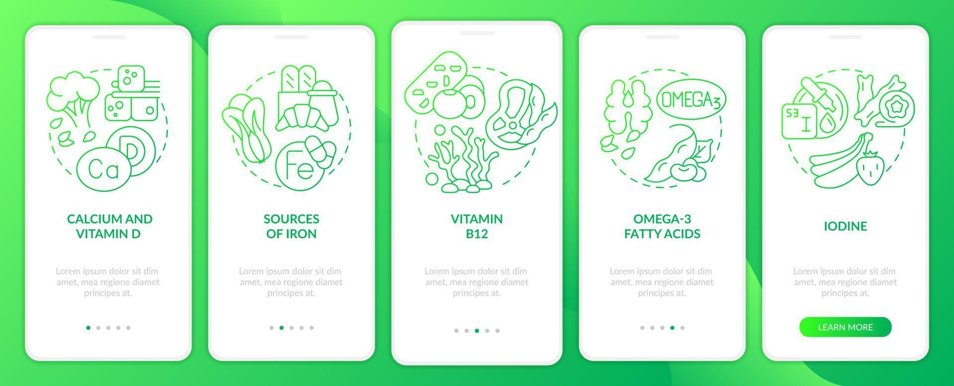 Sources of nutrients green gradient onboarding mobile app screen. Walkthrough 5 steps graphic instructions pages with linear concepts. UI, UX, GUI template. vector