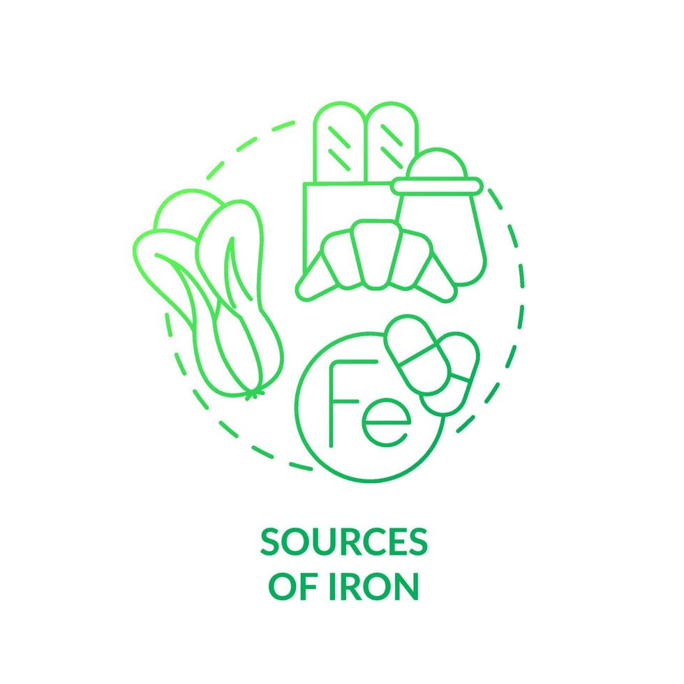 Sources of iron green gradient concept icon. Green vegetables and bread. Source of nutrients abstract idea thin line illustration. Isolated outline drawing. vector