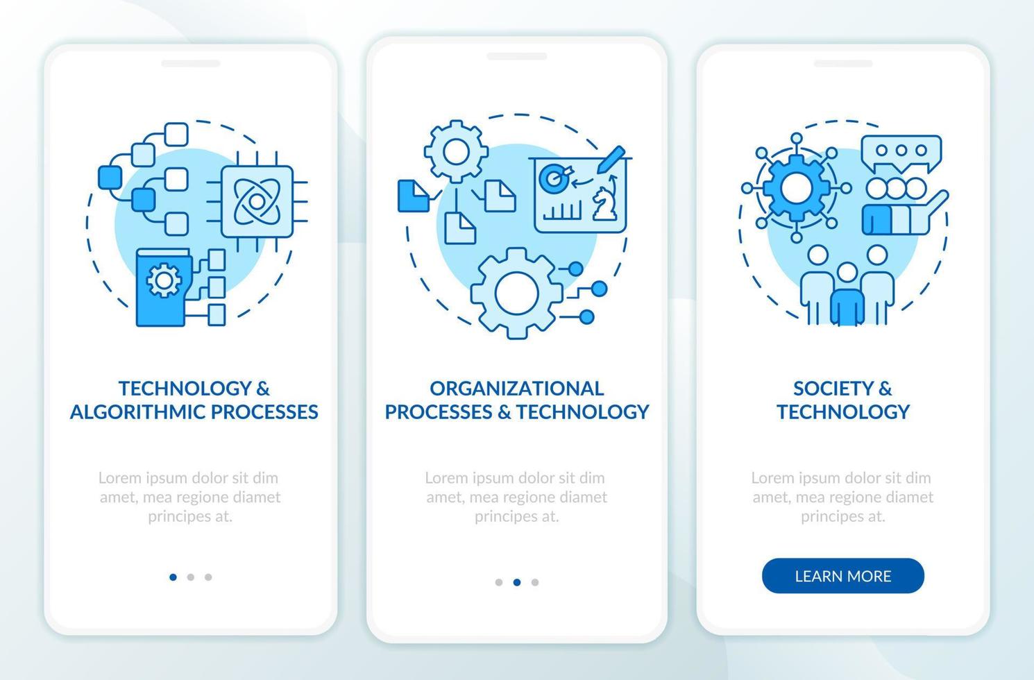 cooperación de sistemas de información pantalla de aplicación móvil de incorporación azul. tutorial 3 pasos páginas de instrucciones gráficas con conceptos lineales. interfaz de usuario, ux, plantilla de interfaz gráfica de usuario. vector