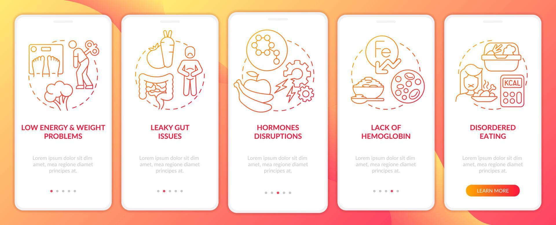 Side effects of veganism red gradient onboarding mobile app screen. Walkthrough 5 steps graphic instructions pages with linear concepts. UI, UX, GUI template. vector