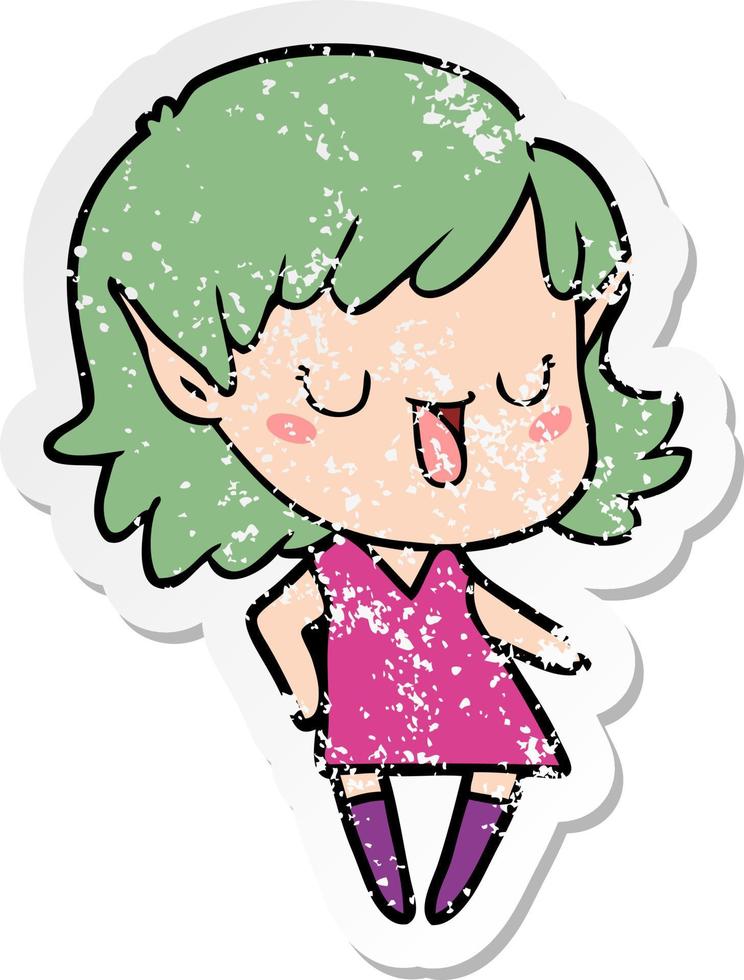 distressed sticker of a cartoon elf girl vector