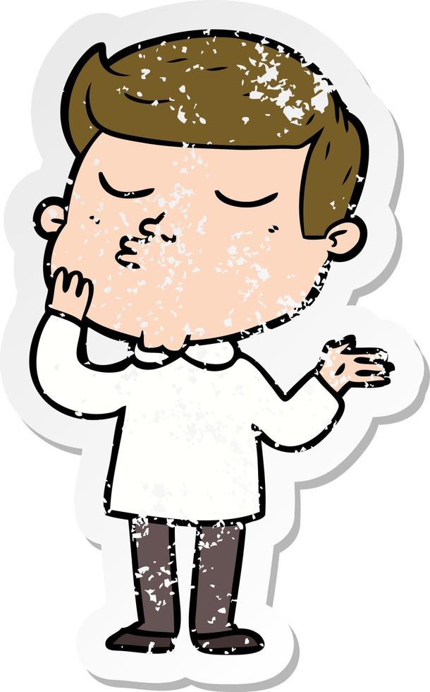 distressed sticker of a cartoon model guy pouting vector