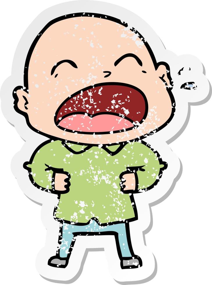 distressed sticker of a cartoon shouting bald man vector