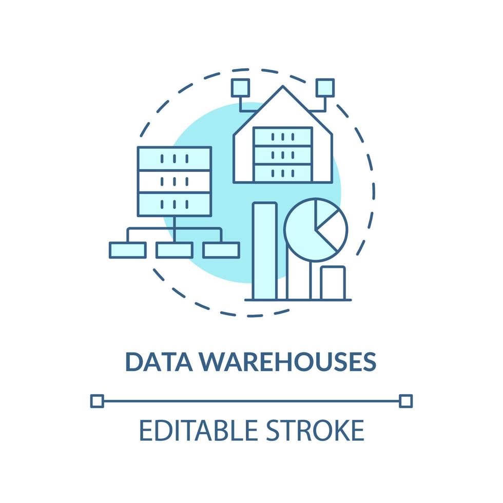 Data warehouses turquoise concept icon. Information systems major type abstract idea thin line illustration. Management. Isolated outline drawing. Editable stroke. vector