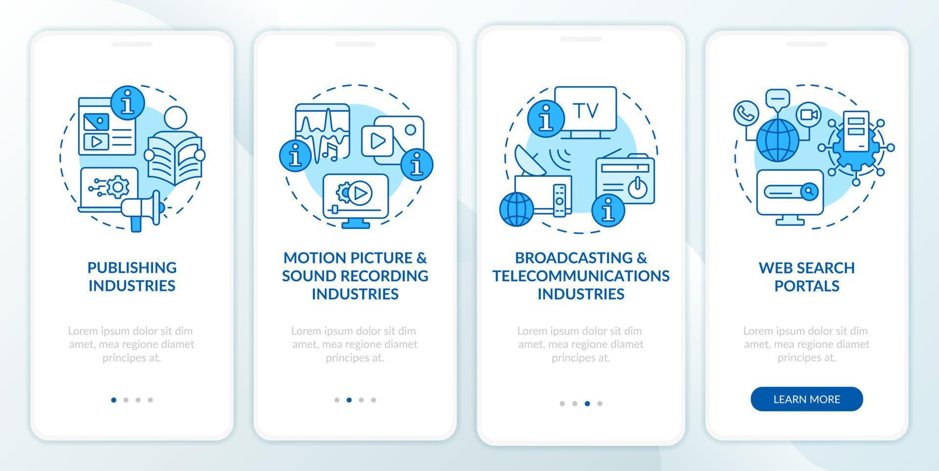 Information sector elements blue onboarding mobile app screen. Walkthrough 4 steps graphic instructions pages with linear concepts. UI, UX, GUI template. vector