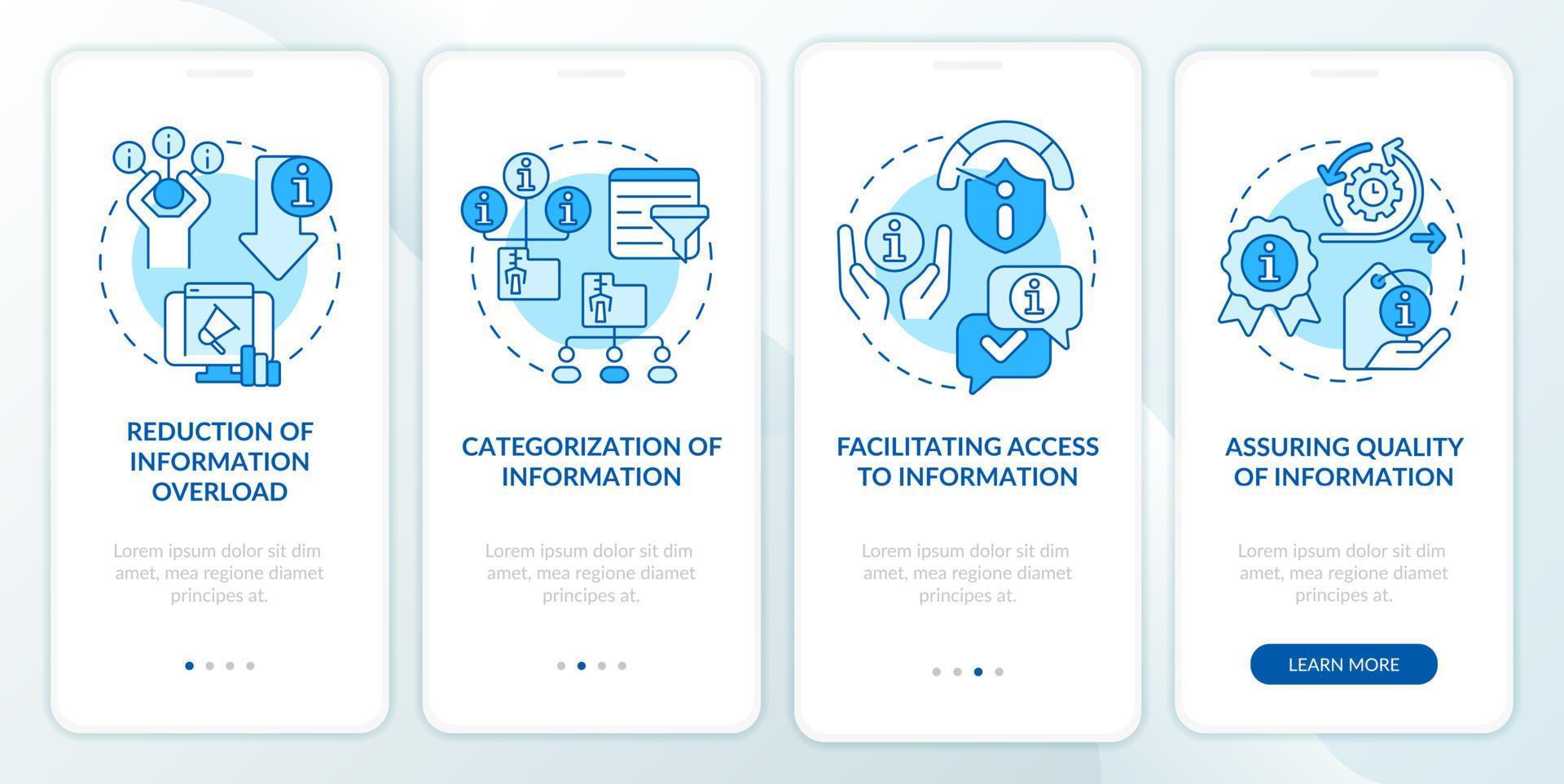 asignaciones de la pantalla de la aplicación móvil de incorporación azul de la industria de la información. tutorial 4 pasos páginas de instrucciones gráficas con conceptos lineales. interfaz de usuario, ux, plantilla de interfaz gráfica de usuario. vector