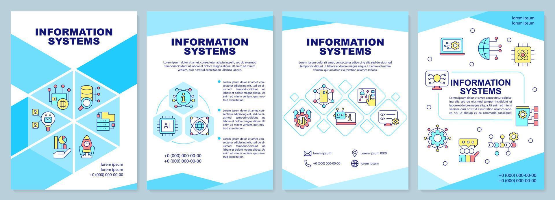 Information systems blue brochure template. Digital data processing. Leaflet design with linear icons. 4 vector layouts for presentation, annual reports.