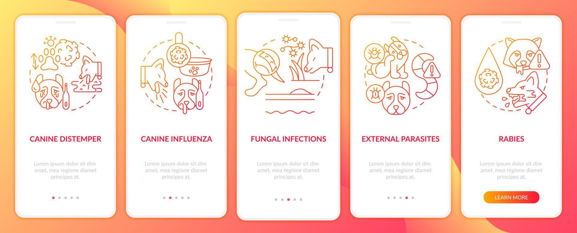 Protecting dog against disease red gradient onboarding mobile app screen. Walkthrough 5 steps graphic instructions pages with linear concepts. UI, UX, GUI template. vector