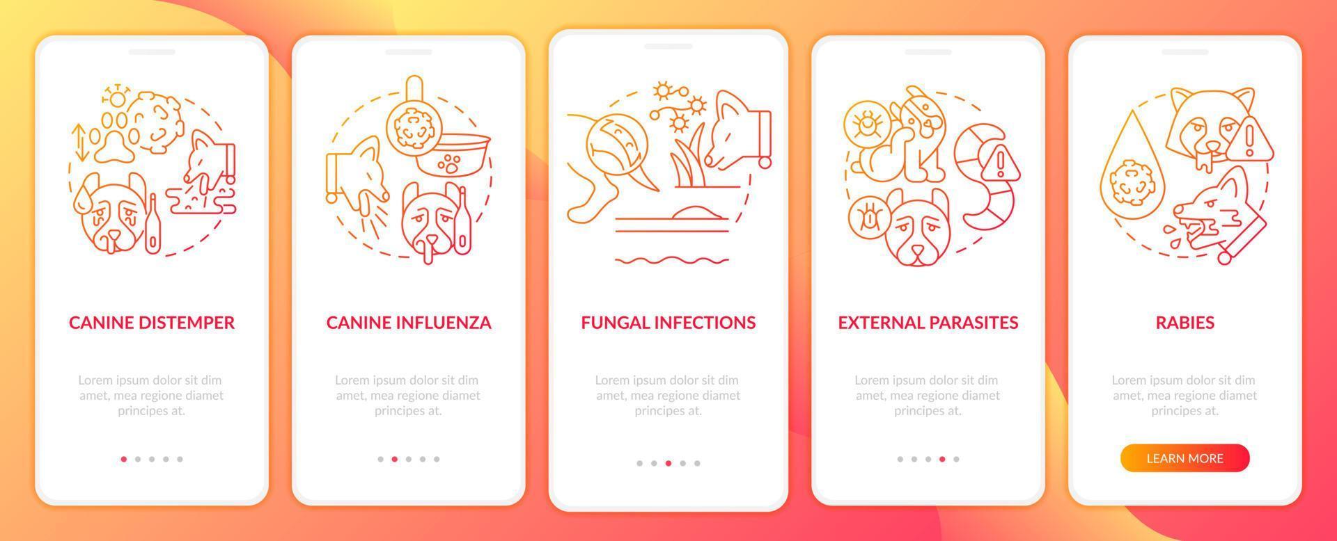 proteger al perro contra la pantalla de la aplicación móvil de incorporación de gradiente rojo de enfermedades. tutorial 5 pasos páginas de instrucciones gráficas con conceptos lineales. interfaz de usuario, ux, plantilla de interfaz gráfica de usuario. vector
