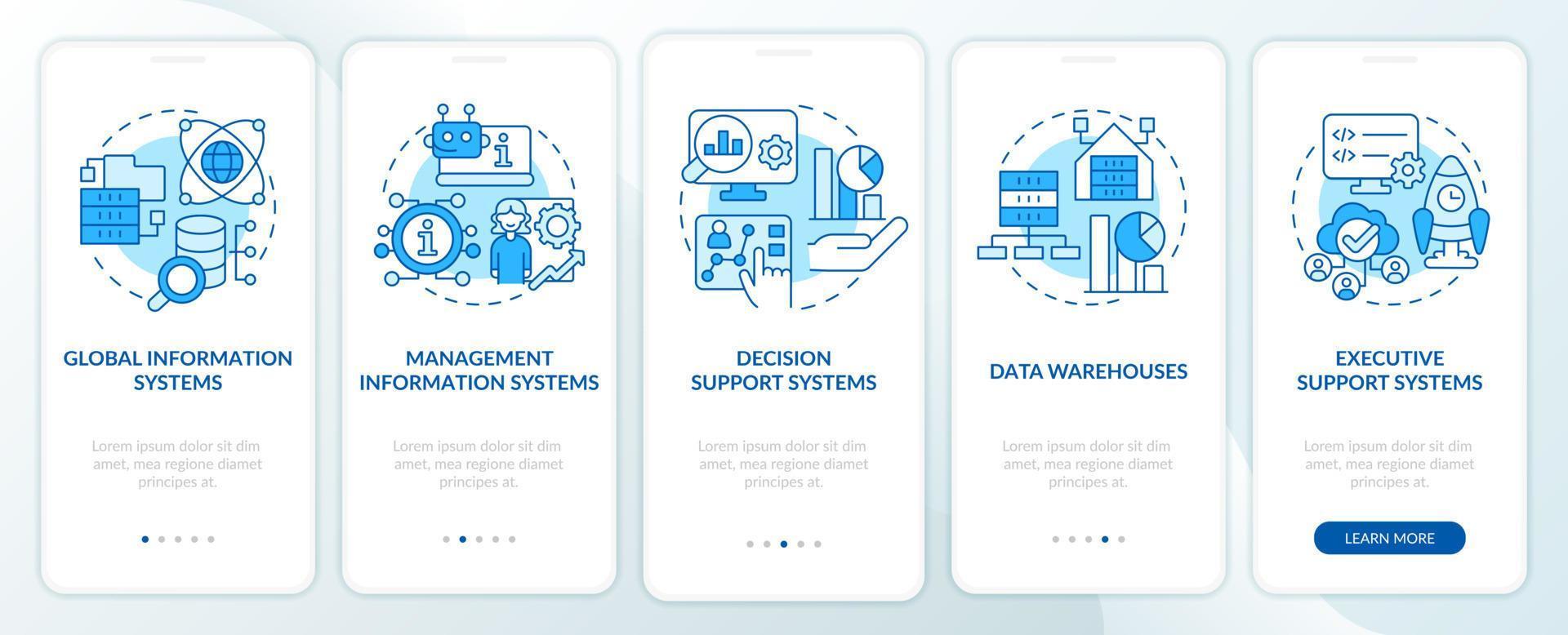 Common types of information systems blue onboarding mobile app screen. Walkthrough 5 steps graphic instructions pages with linear concepts. UI, UX, GUI template. vector
