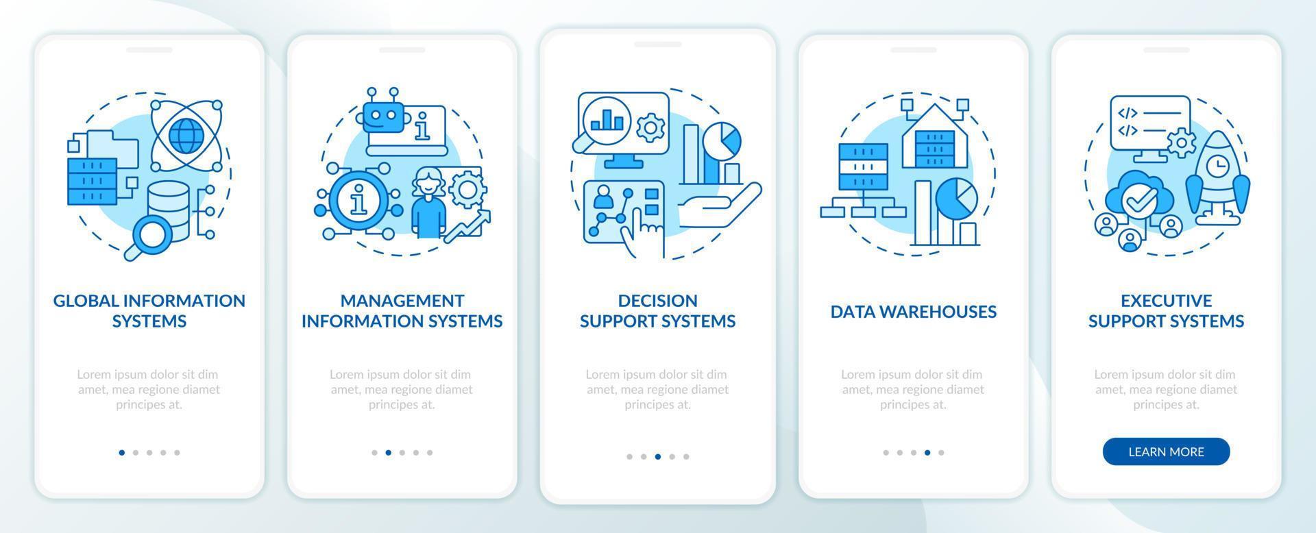 tipos comunes de sistemas de información pantalla de aplicación móvil de incorporación azul. tutorial 5 pasos páginas de instrucciones gráficas con conceptos lineales. interfaz de usuario, ux, plantilla de interfaz gráfica de usuario. vector