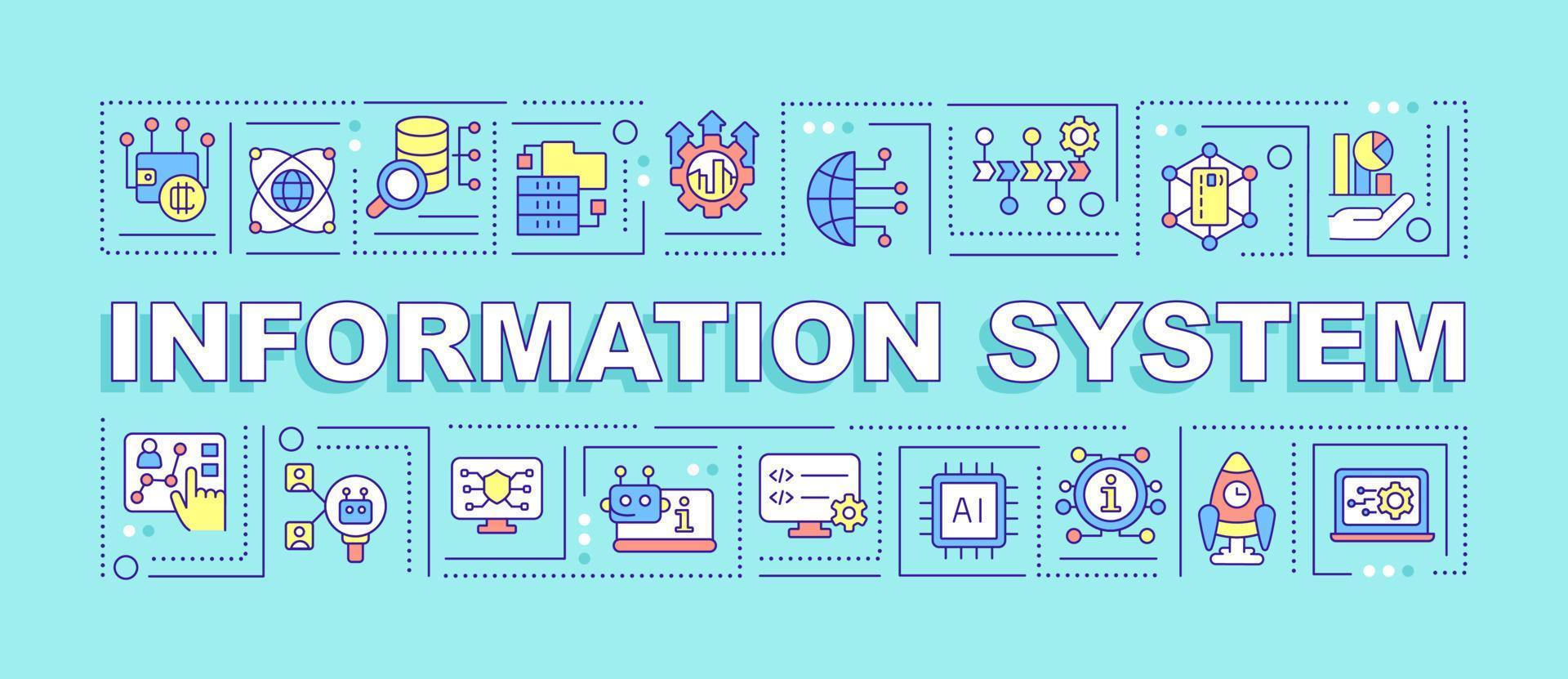 sistema de información conceptos de palabras banner turquesa. datos basados en computadora. infografías con iconos sobre fondo de color. tipografía aislada. ilustración vectorial con texto. vector