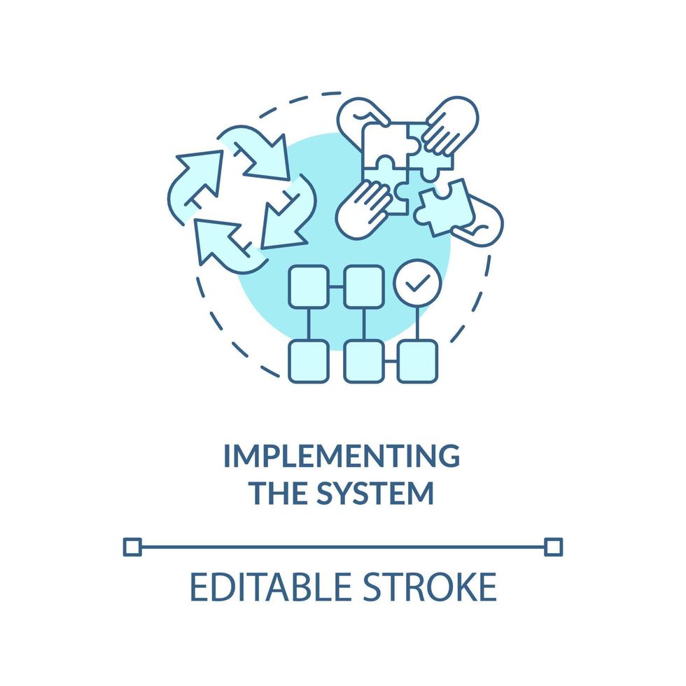 implementando el icono del concepto turquesa del sistema. etapa de desarrollo del sistema de información idea abstracta ilustración de línea delgada. dibujo de contorno aislado. trazo editable. vector