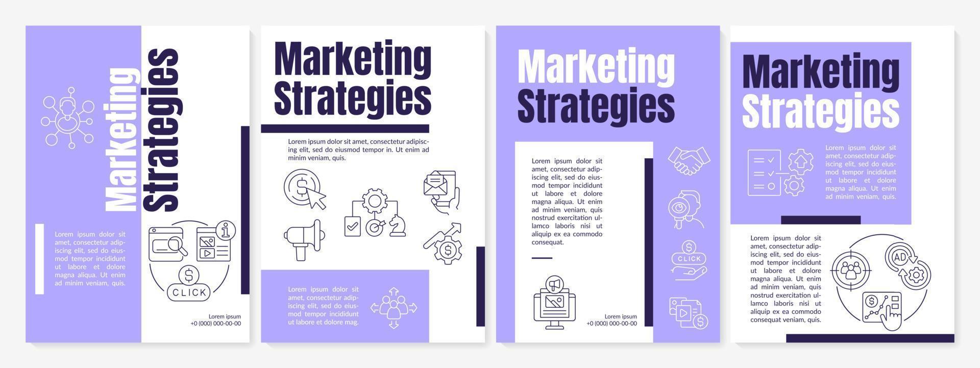 Marketing strategies purple brochure template. Digital promotion. Booklet print design with linear icons. Vector layouts for presentation, annual reports, ads