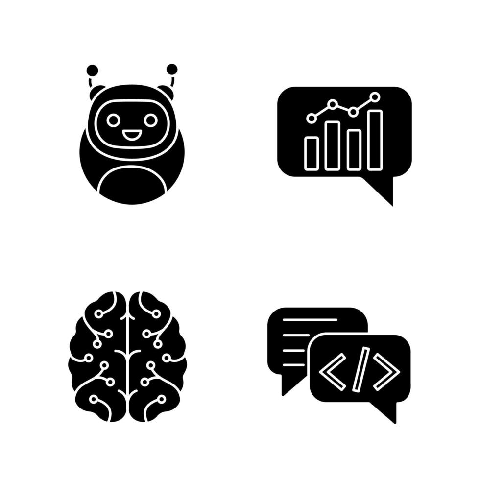 Chatbots glyph icons set. Silhouette symbols. Virtual assistants. Code, statistics, support chat bots. Modern robots. Digital brain. Chatterbots. AI. Vector isolated illustration
