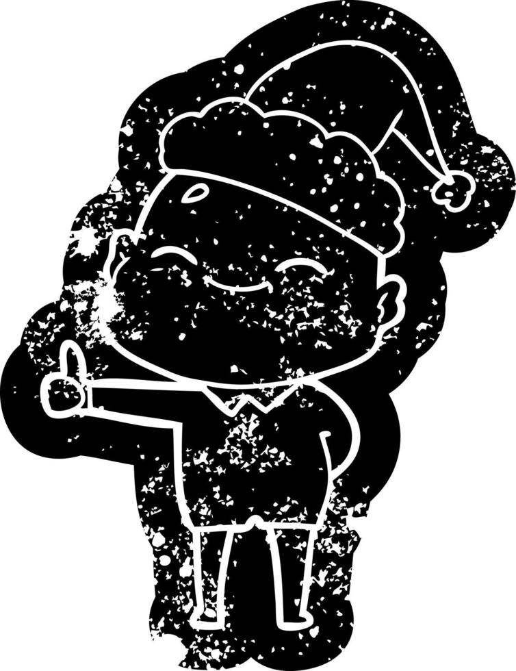 happy cartoon distressed icon of a bald man wearing santa hat vector
