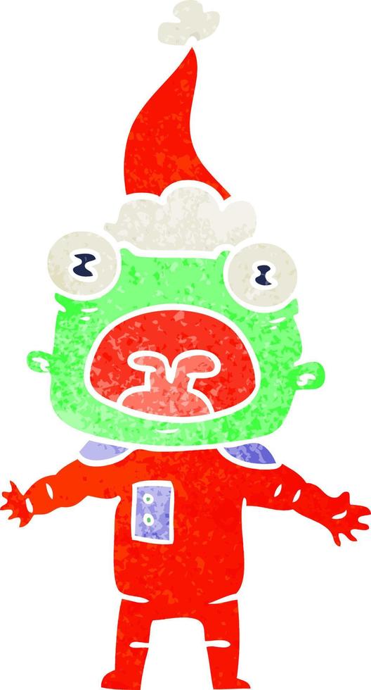 retro cartoon of a weird alien communicating wearing santa hat vector