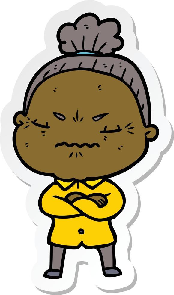 sticker of a cartoon annoyed old lady vector