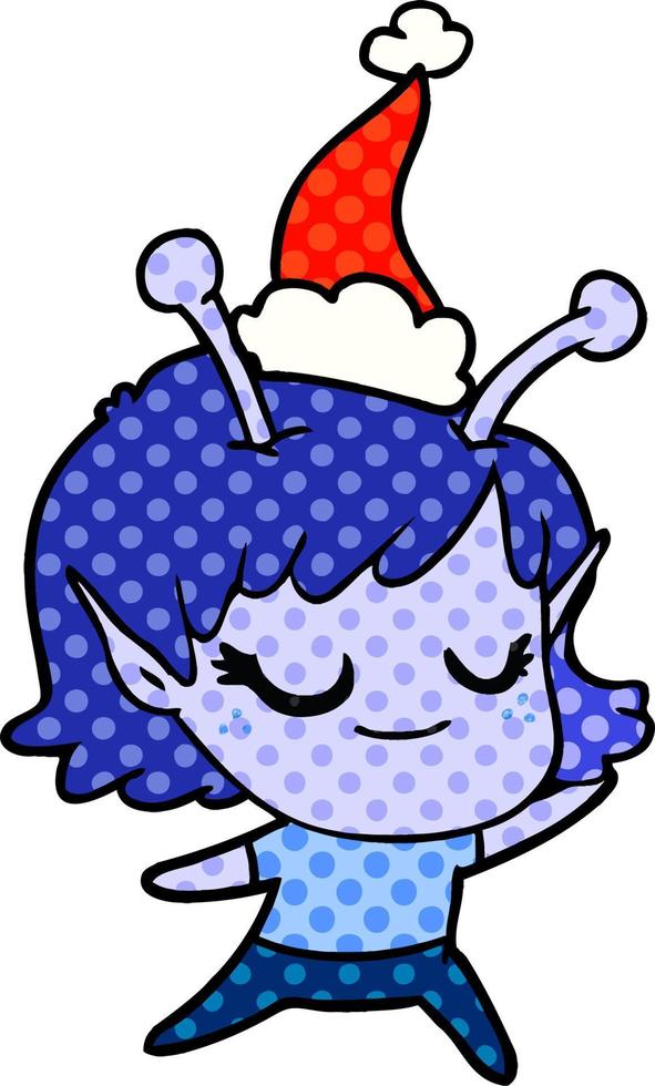 smiling alien girl comic book style illustration of a wearing santa hat vector