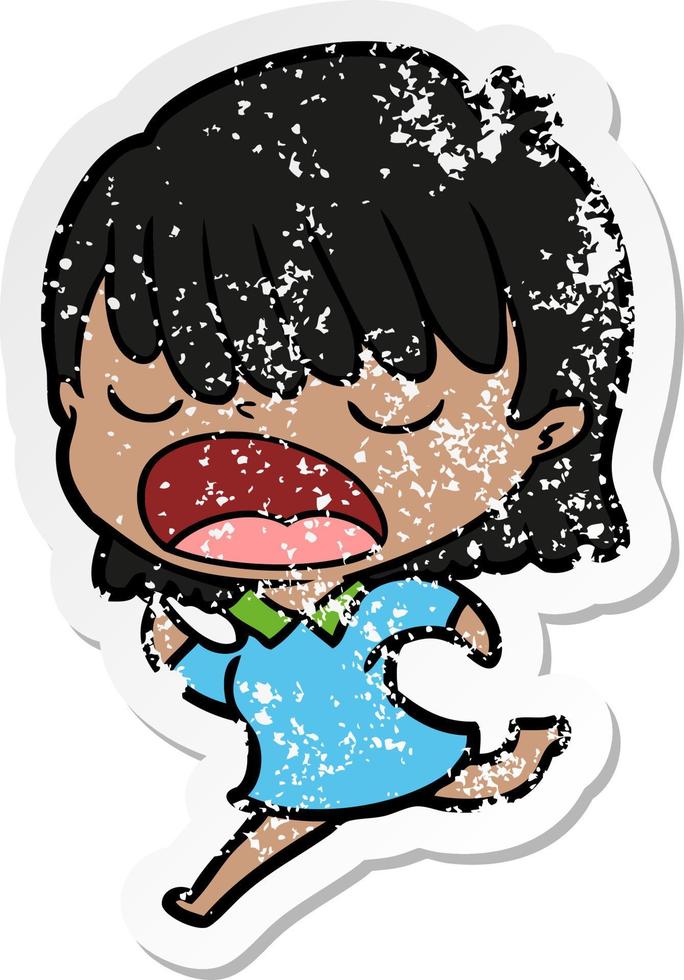 distressed sticker of a cartoon woman talking loudly vector