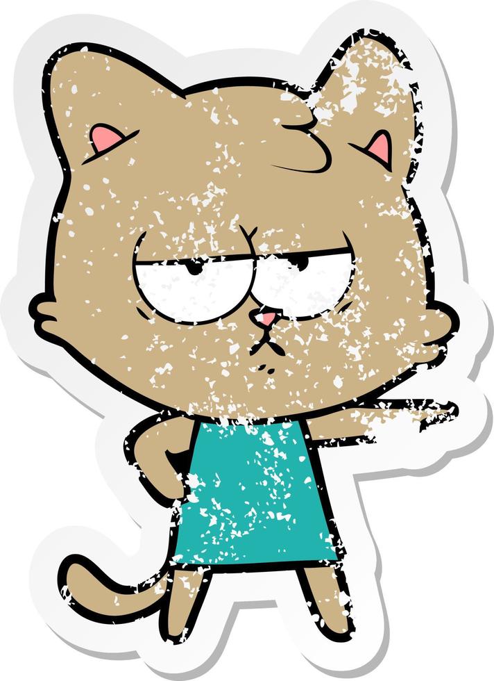 distressed sticker of a bored cartoon cat pointing vector