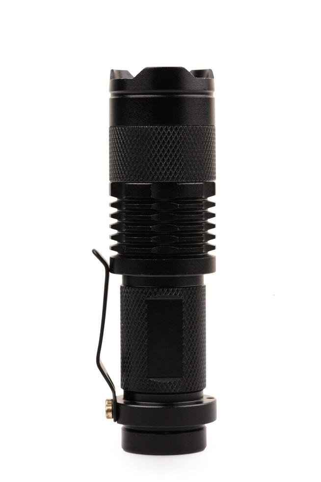 black metallic flashlight isolate on white background photo