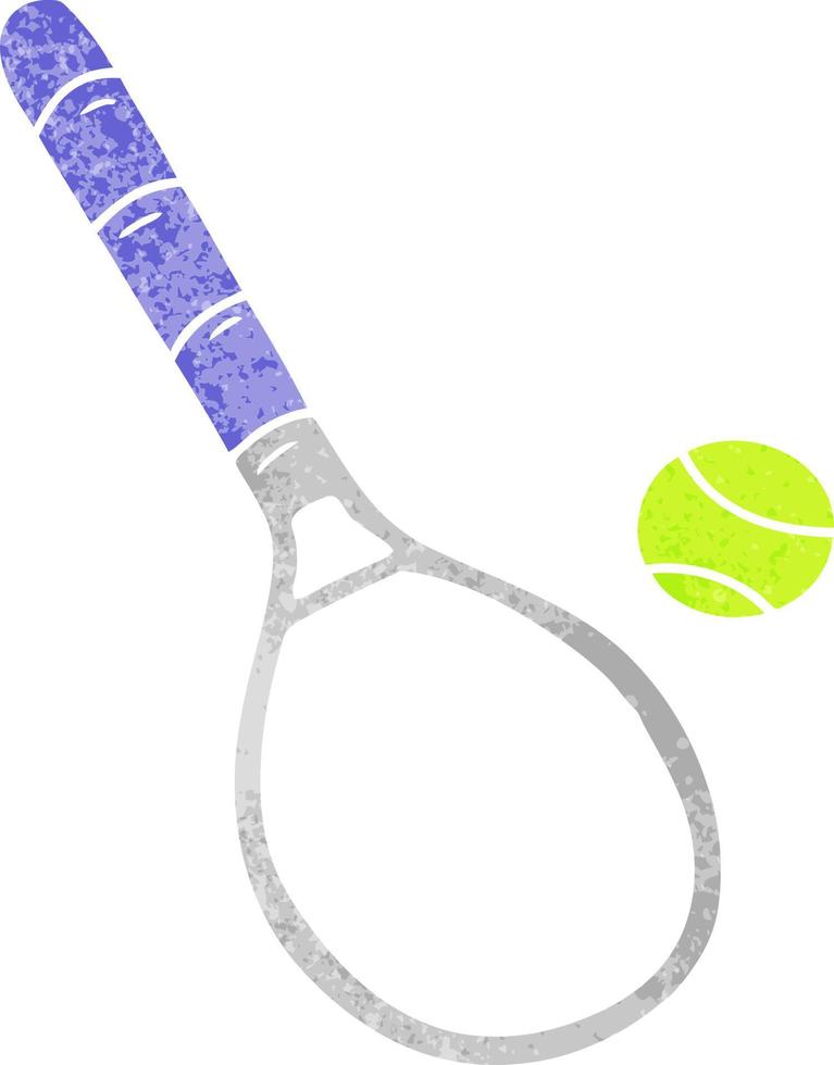 dibujos animados retro doodle raqueta de tenis y pelota vector