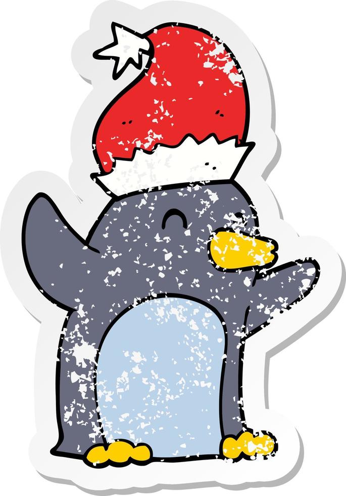 pegatina angustiada de un lindo pingüino navideño de dibujos animados vector