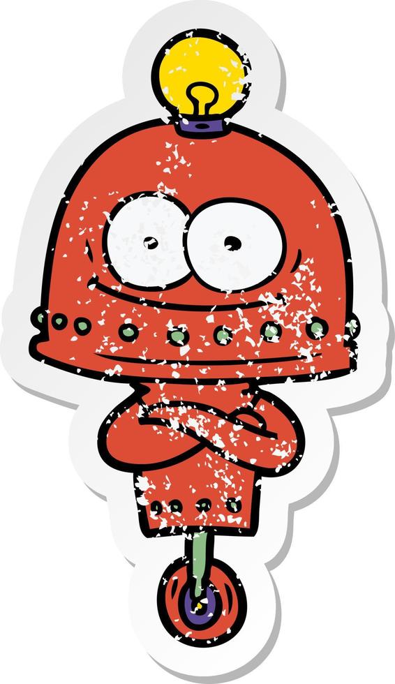distressed sticker of a happy carton robot with light bulb vector