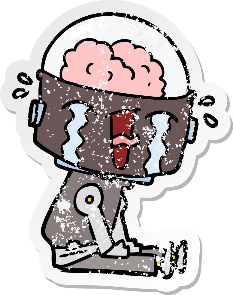 distressed sticker of a cartoon crying robot vector