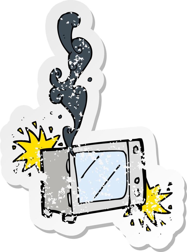 retro distressed sticker of a cartoon exploding microwave vector