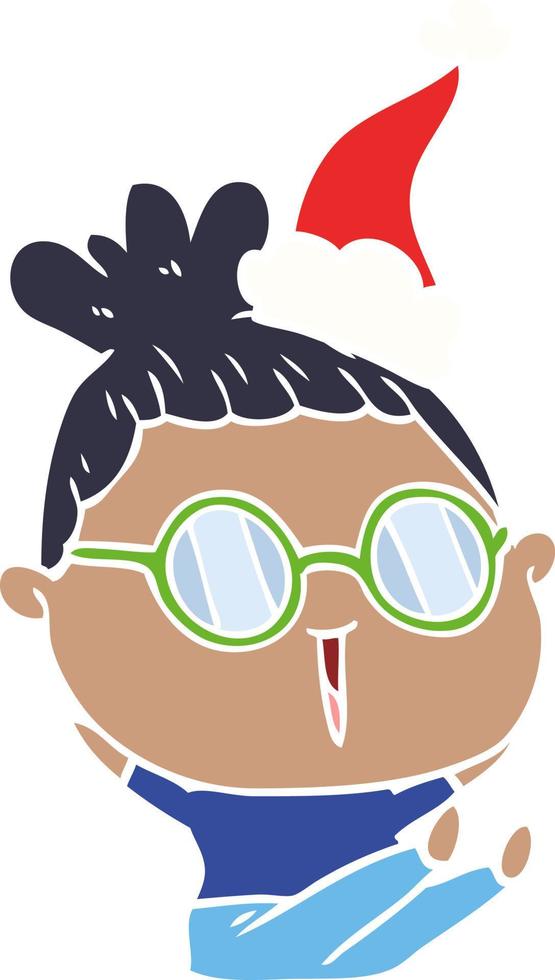 flat color illustration of a woman wearing spectacles wearing santa hat vector
