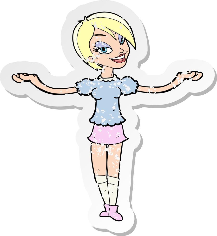 retro distressed sticker of a cartoon woman making open arm gesture vector